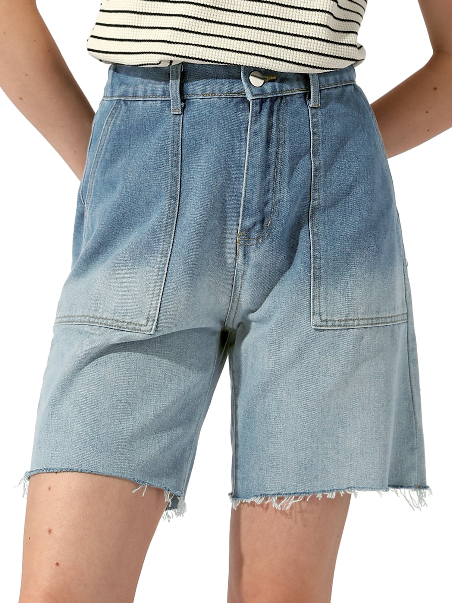 DARING DIVA Women's Denim Elastic Waist Straight Leg Denim Shorts L Blue