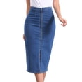 thumbnail image 1 of DARING DIVA Women's Denim Front Slit Zipper Bodycon Midi Jean Skirt L Jean Blue, 1 of 6