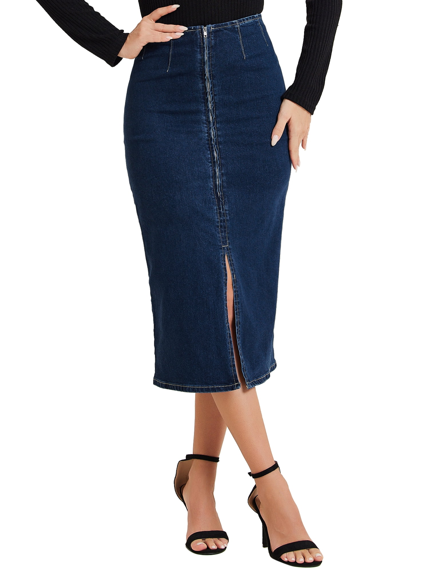 DARING DIVA Women's Denim Front Slit Zipper Bodycon Midi Jean Skirt M Dark Blue