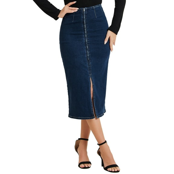 DARING DIVA Women's Denim Front Slit Zipper Bodycon Midi Jean Skirt M Dark Blue