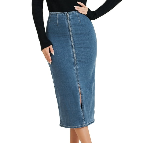 DARING DIVA Women's Denim Front Slit Zipper Bodycon Midi Jean Skirt XL Blue