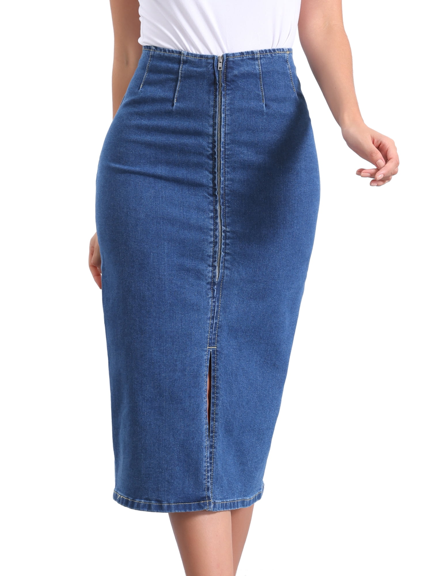 DARING DIVA Women's Denim Front Slit Zipper Bodycon Midi Jean Skirt XL Jean Blue