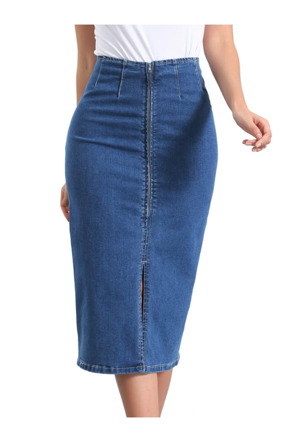 Women's Denim Front Slit Zipper Bodycon Midi Jean Skirt XL Jean Blue