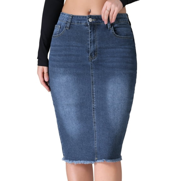 DARING DIVA Women's Denim High Waist Raw Hem Pockets Pencil Skirt L Dark Blue