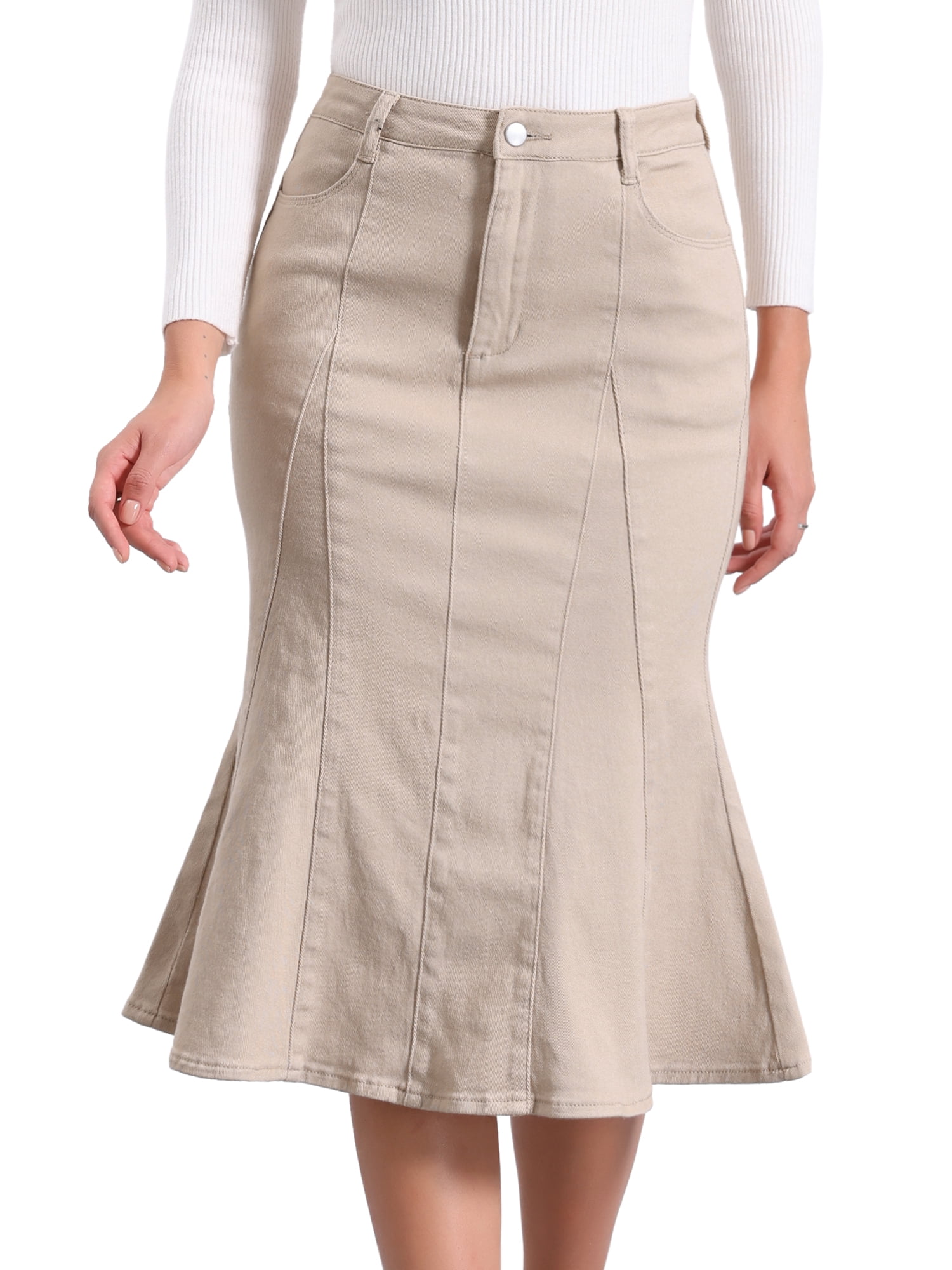 DARING DIVA Women's Denim High Waist Ruffle Fishtail Bodycon Midi Skirts M Light Khaki