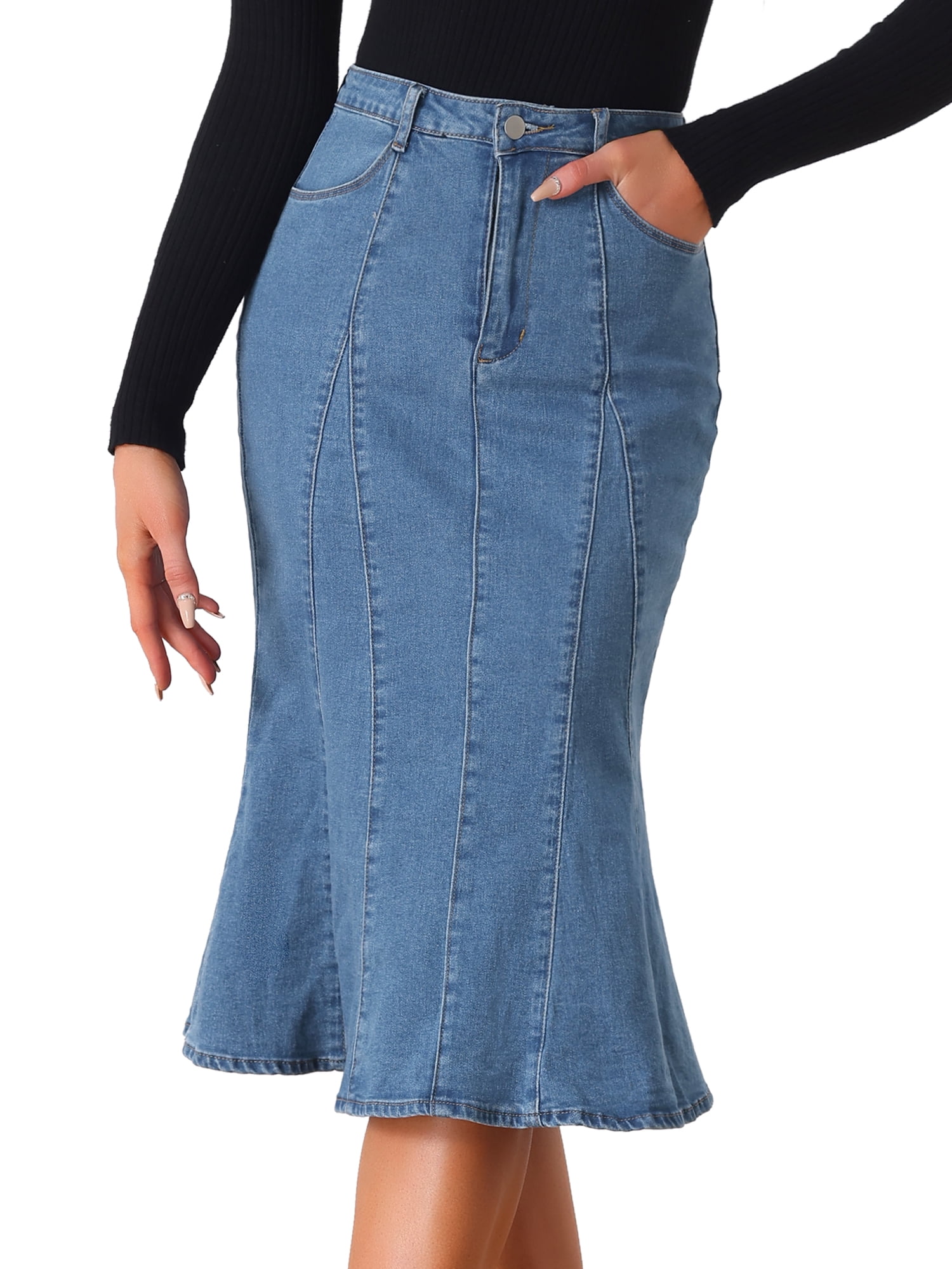DARING DIVA Women's Denim High Waist Ruffle Fishtail Bodycon Midi Skirts M Sky Blue