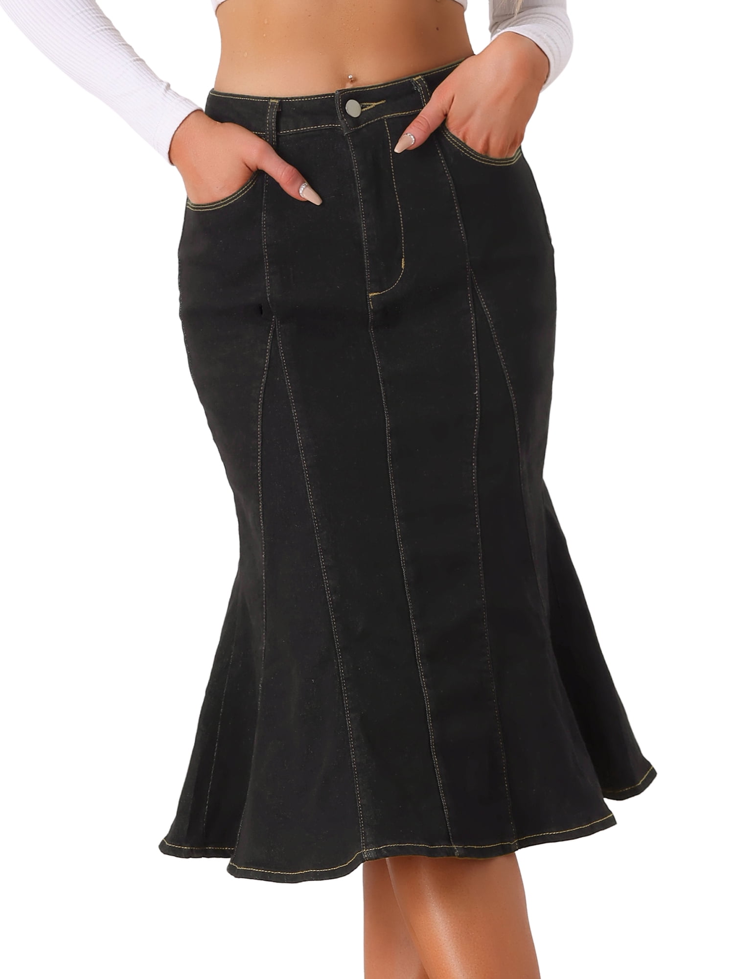 DARING DIVA Women's Denim High Waist Ruffle Fishtail Bodycon Midi Skirts S Black
