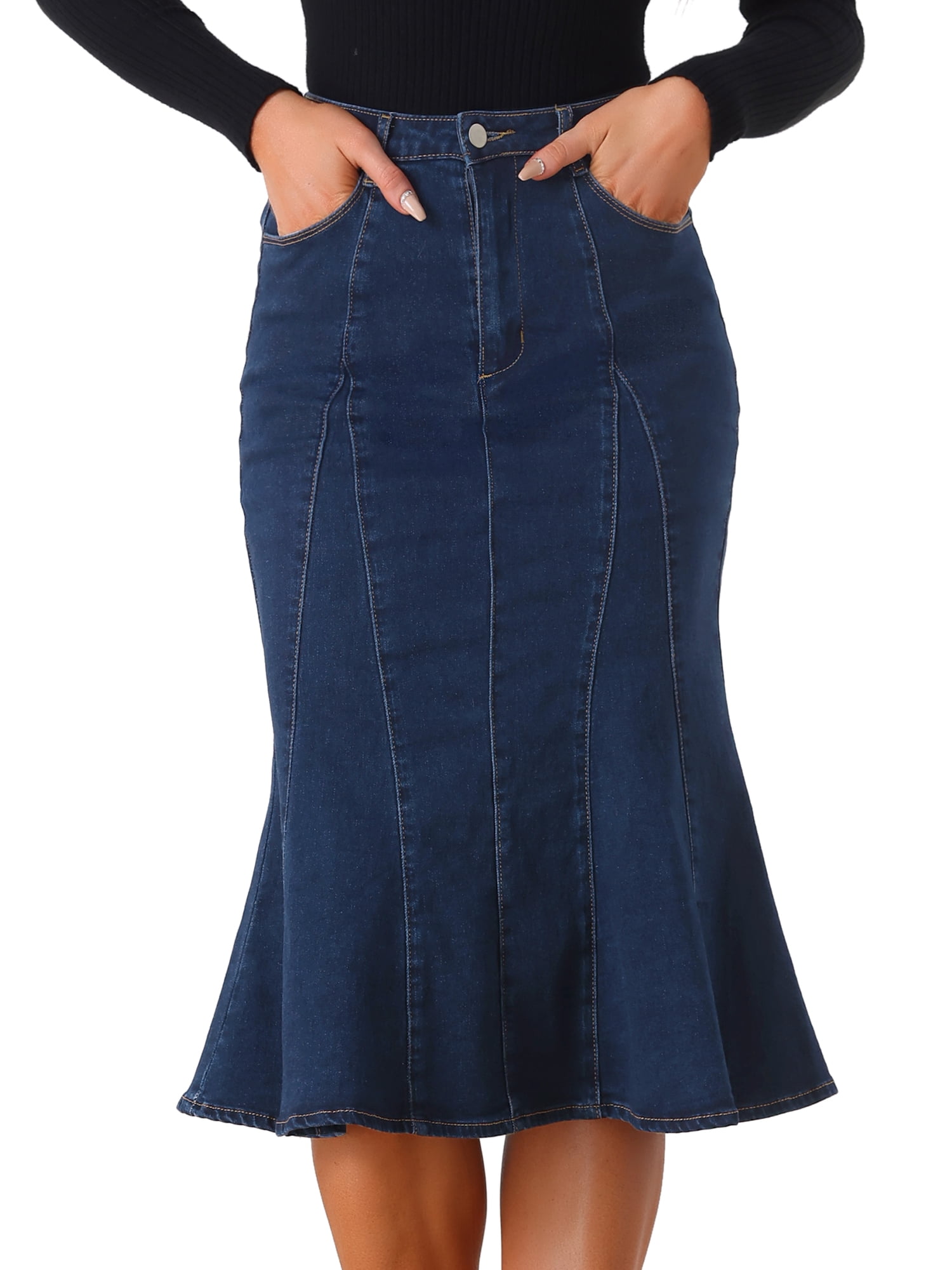 DARING DIVA Women's Denim High Waist Ruffle Fishtail Bodycon Midi Skirts S Deep Blue