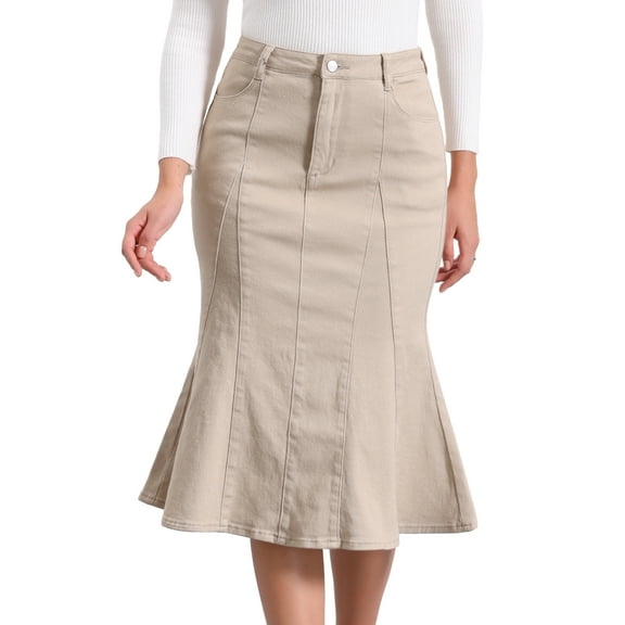DARING DIVA Women's Denim High Waist Ruffle Fishtail Bodycon Midi Skirts XS Light Khaki