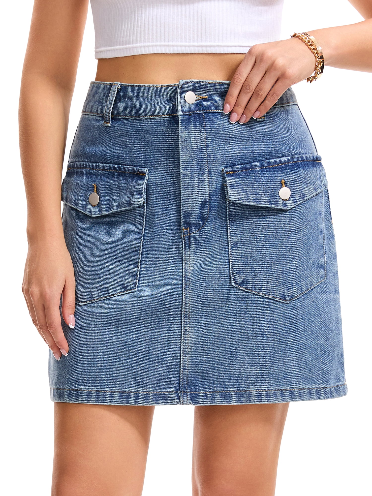 DARING DIVA Women's Denim High Waisted Front Pockets Mini Jean Skirt XL Light Gray Blue