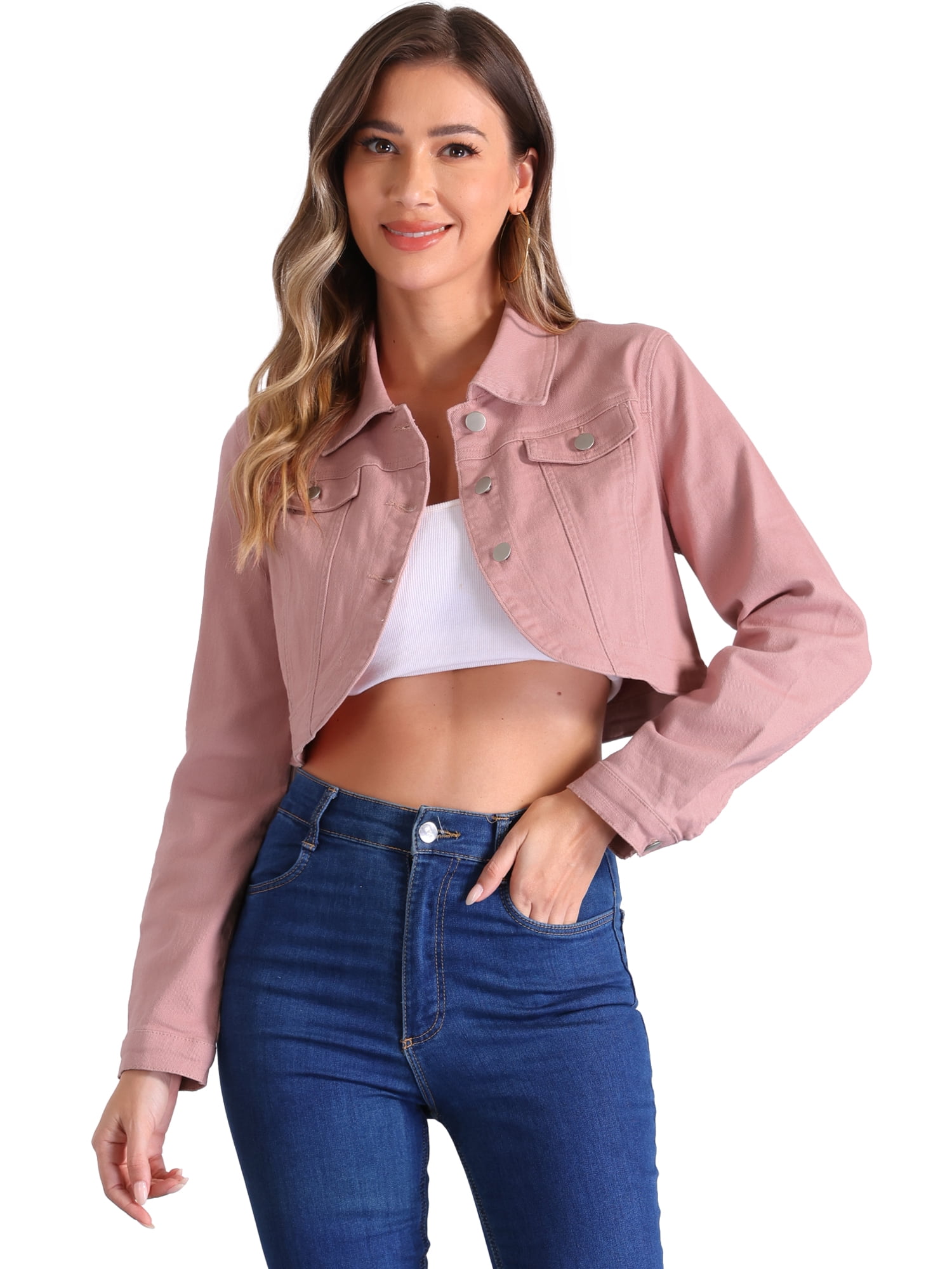 DARING DIVA Women's Denim Jacket Collared Long Sleeve Crop Jean Jackets L Pink