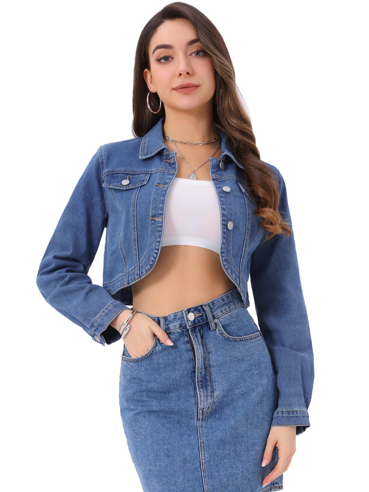 DARING DIVA Women's Denim Jacket Collared Long Sleeve Crop Jean Jackets M Blue