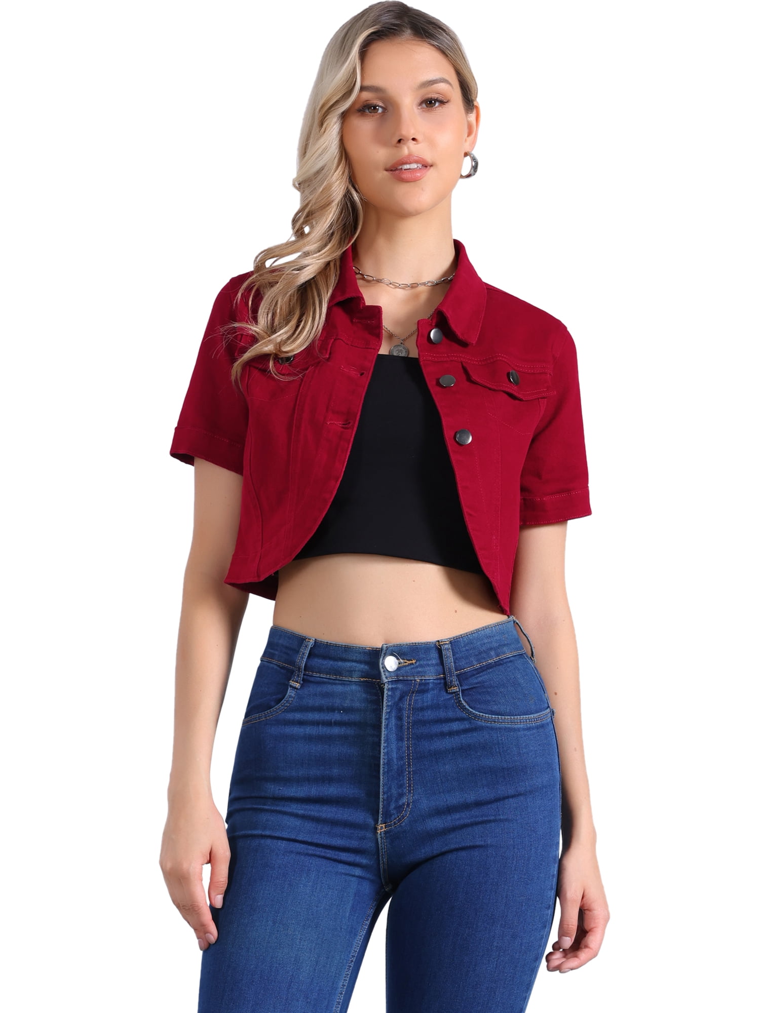 DARING DIVA Women's Denim Jacket Turndown Collar Short Sleeves Crop Jean Jackets M Red