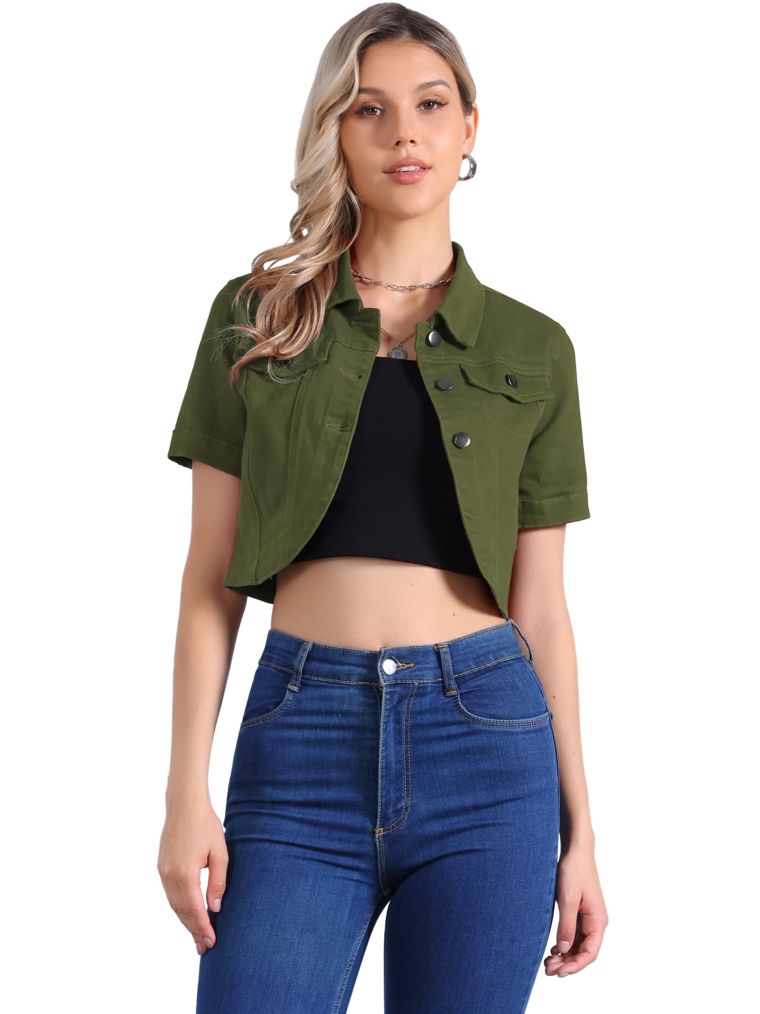 DARING DIVA Women's Denim Jacket Turndown Collar Short Sleeves Crop Jean Jackets S Green