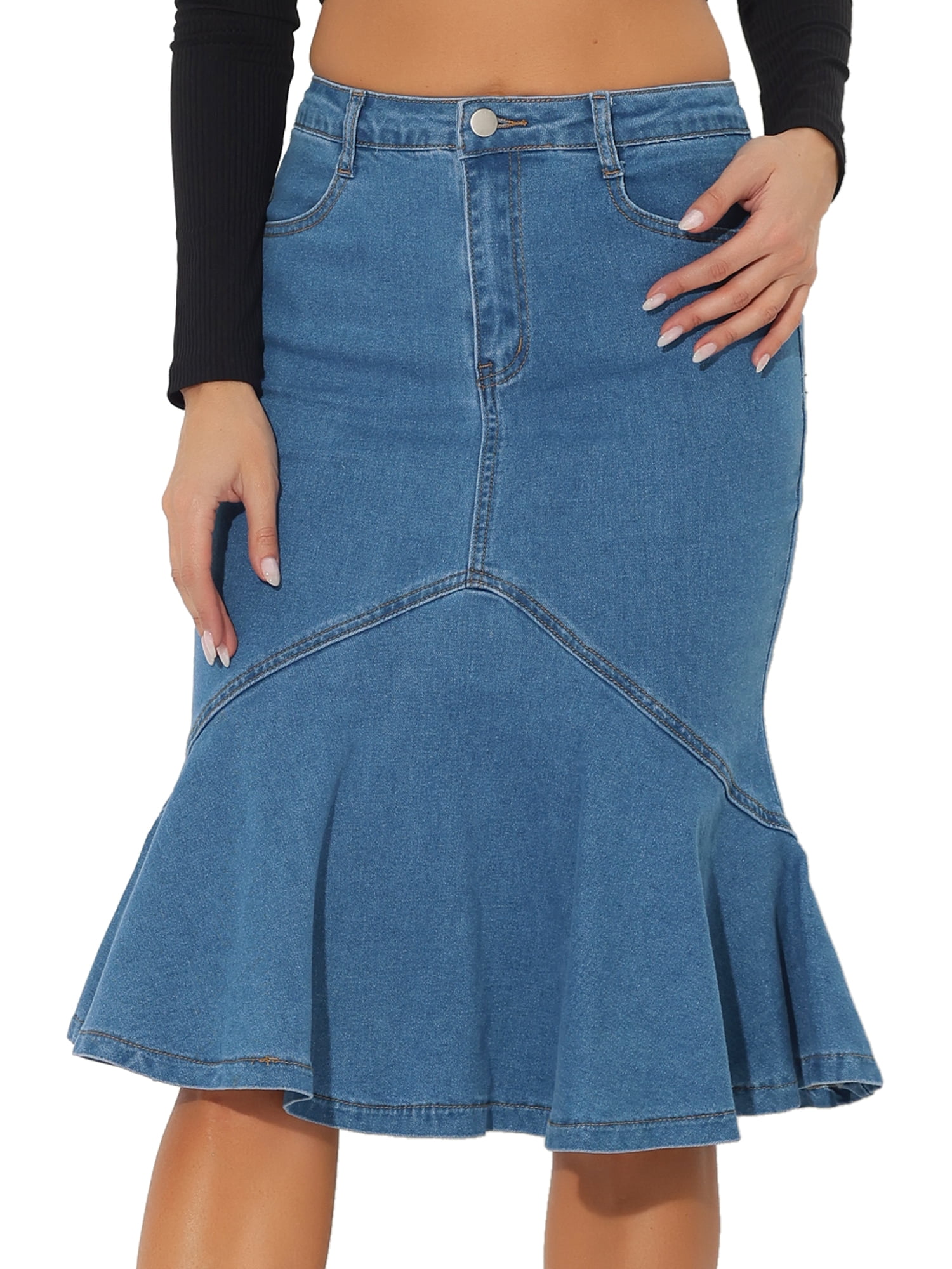 DARING DIVA Women's Denim Jean Bodycon Ruffles Fishtail Skirts L Sky Blue