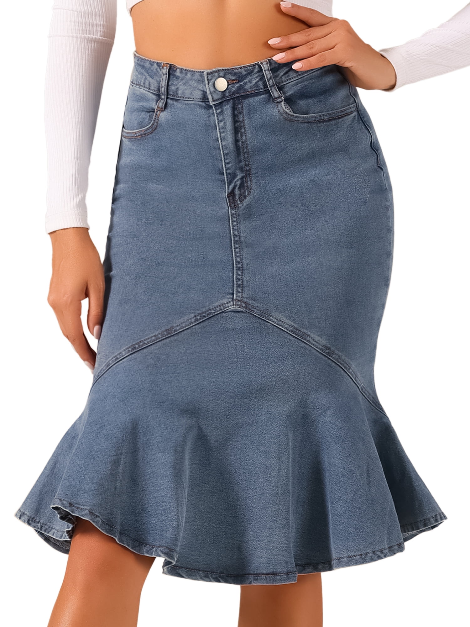 DARING DIVA Women's Denim Jean Bodycon Ruffles Fishtail Skirts M Grey Blue
