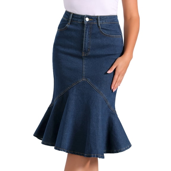 DARING DIVA Women's Denim Jean Bodycon Ruffles Fishtail Skirts S Deep Blue