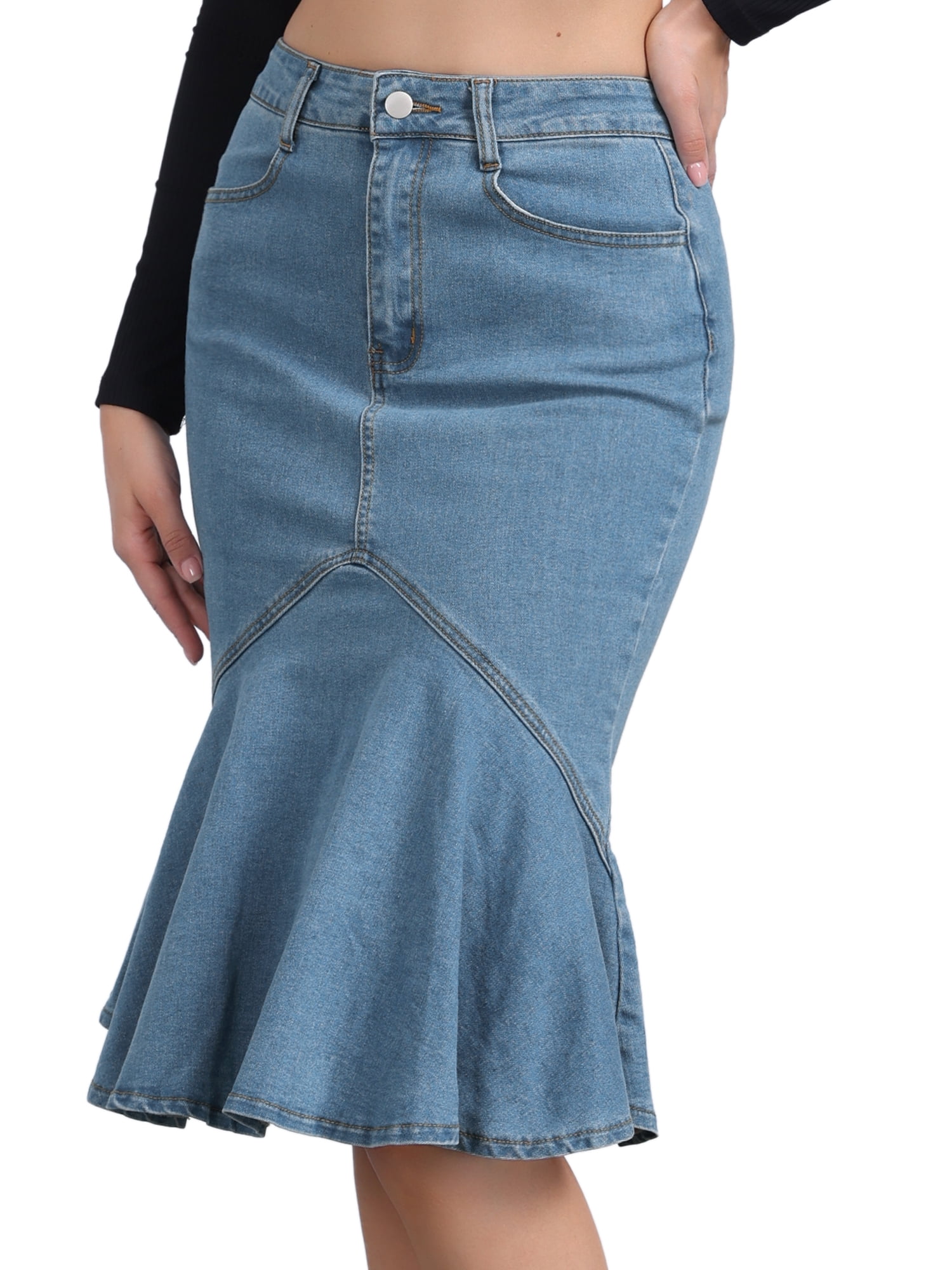 DARING DIVA Women's Casual  Denim Jean Bodycon Ruffles Fishtail Skirts S Light Blue