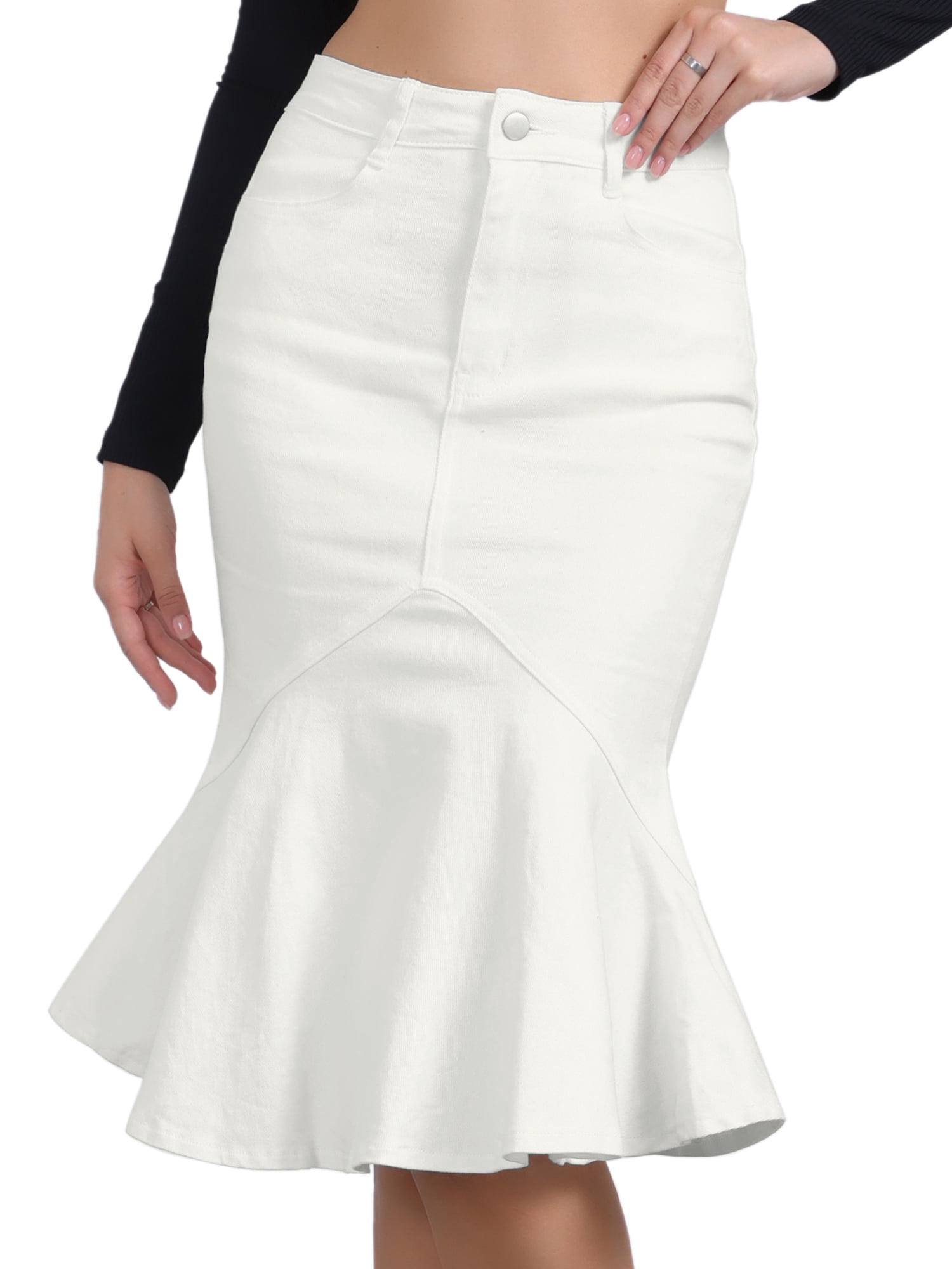 DARING DIVA Women's Denim Jean Bodycon Ruffles Fishtail Skirts S White