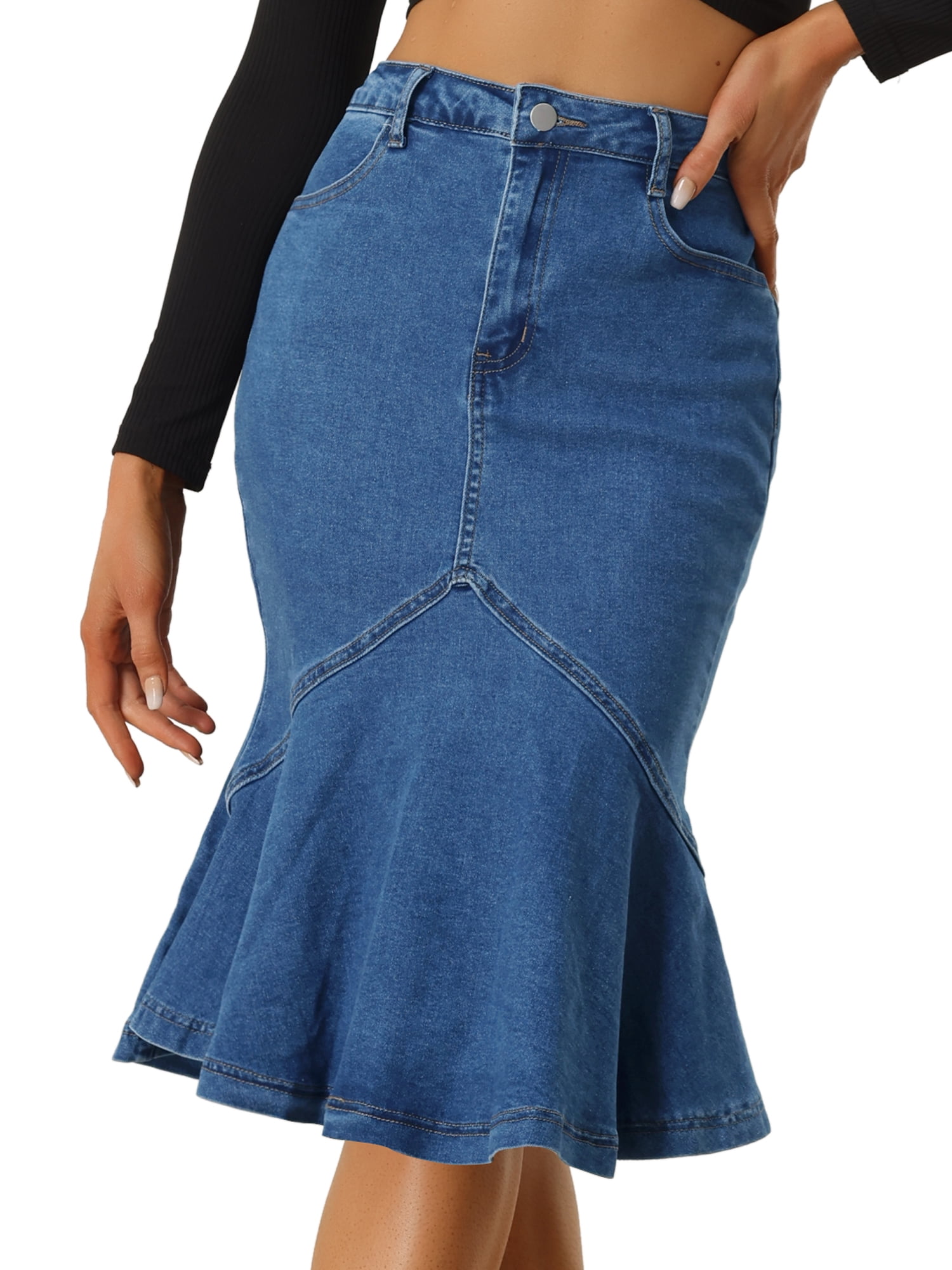 DARING DIVA Women's Denim Jean Bodycon Ruffles Fishtail Skirts XS Dark Blue