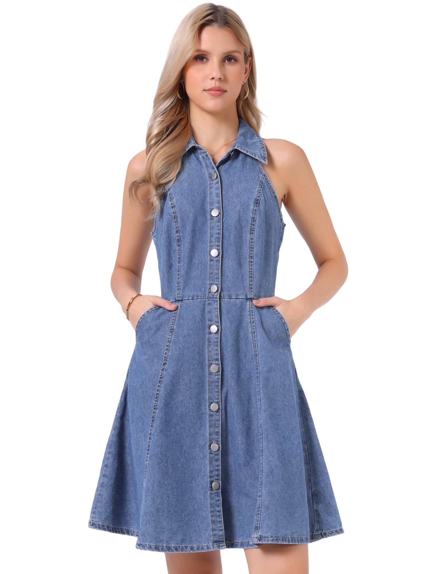 DARING DIVA Women's Denim Jeans Casual Halter Neck Dress XS Light Blue