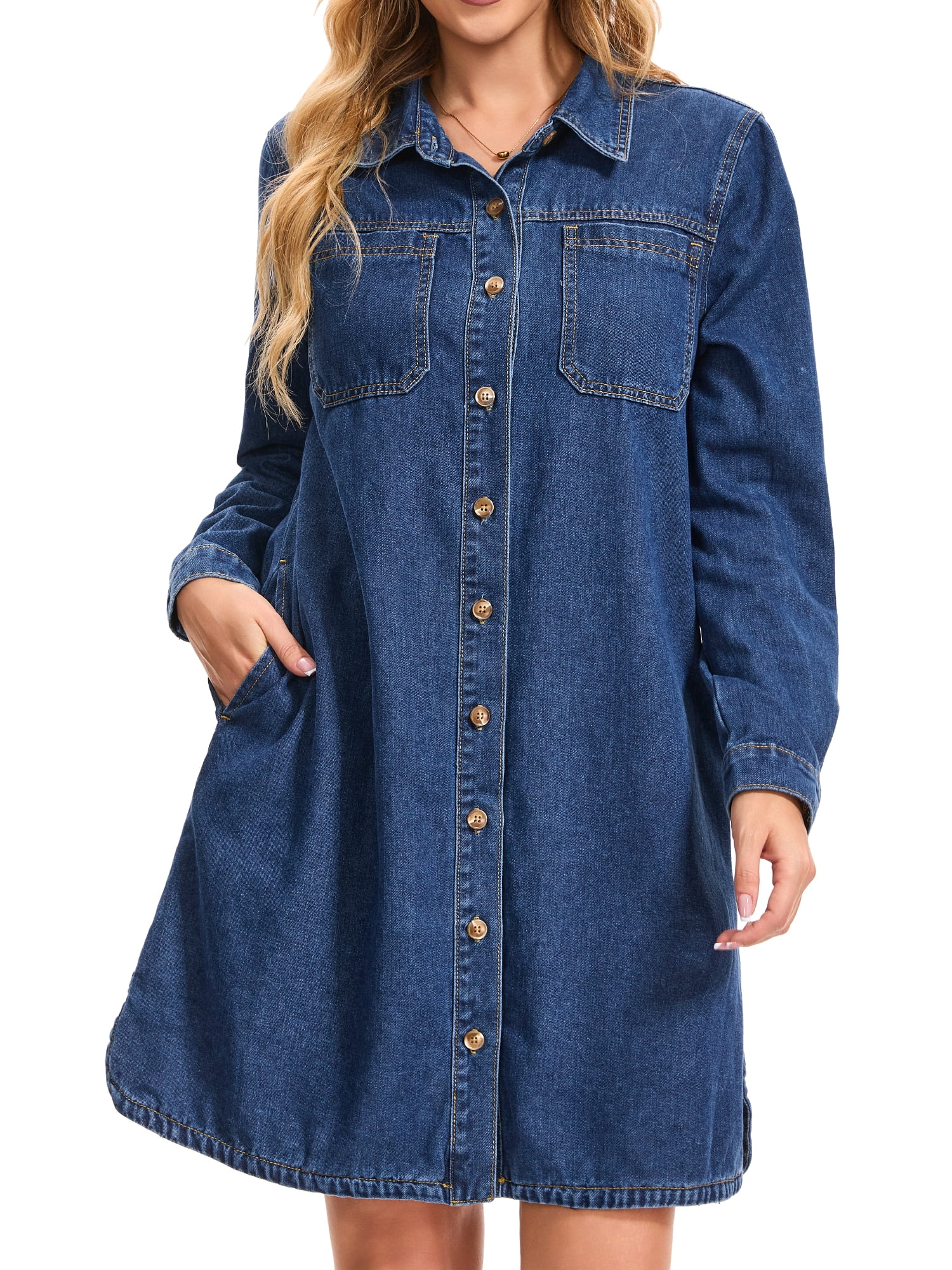 DARING DIVA Women's Denim Long Sleeve Button Down Jean Dress S Dark Blue
