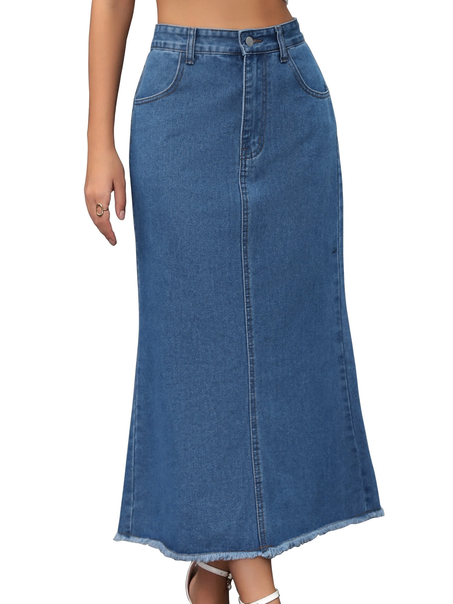 DARING DIVA Women's Denim Maxi A Line Raw Hem Jean Skirt Medium Blue
