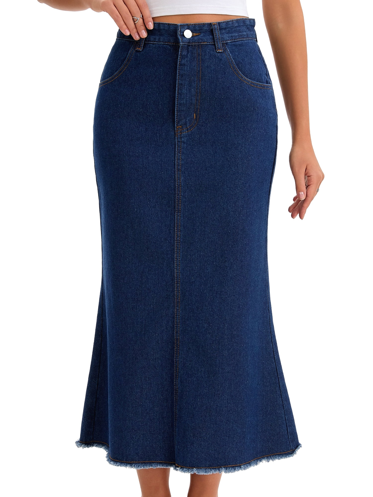 DARING DIVA Women's Denim Maxi A Line Raw Hem Jean Skirt Medium Deep Blue
