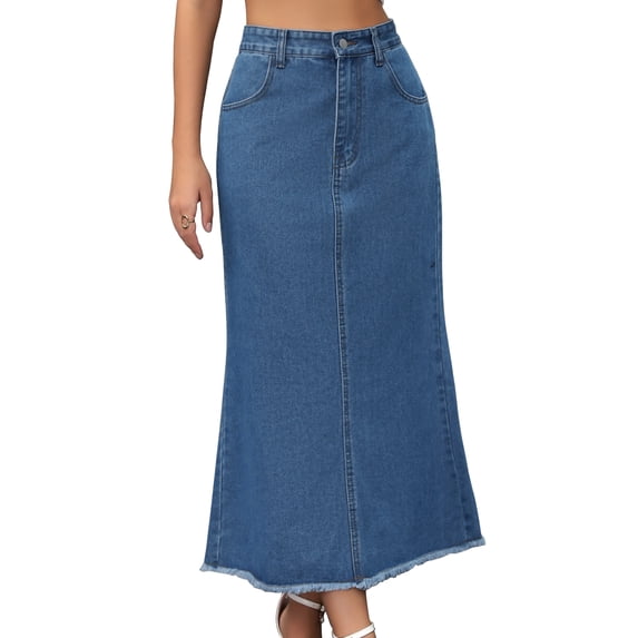 DARING DIVA Women's Denim Maxi A Line Raw Hem Jean Skirt Small Blue