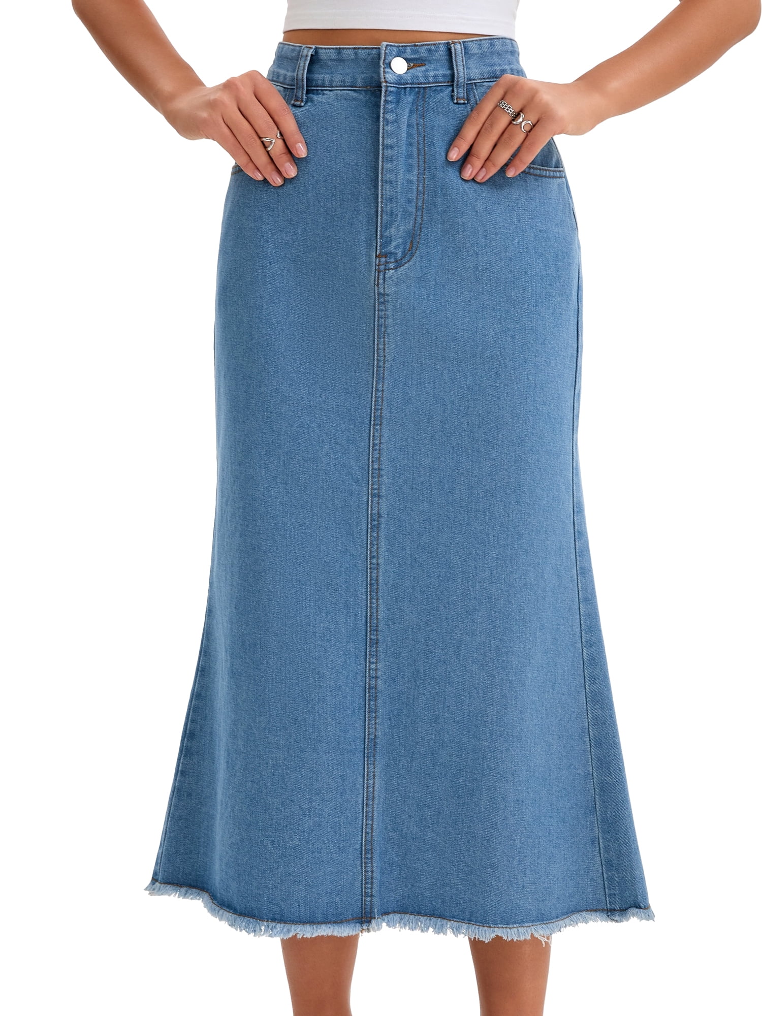 DARING DIVA Women's Denim Maxi A Line Raw Hem Jean Skirt Small Sky Blue