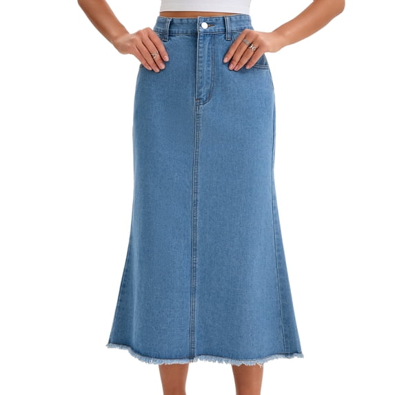 DARING DIVA Women's Denim Maxi A Line Raw Hem Jean Skirt X-Large Sky Blue