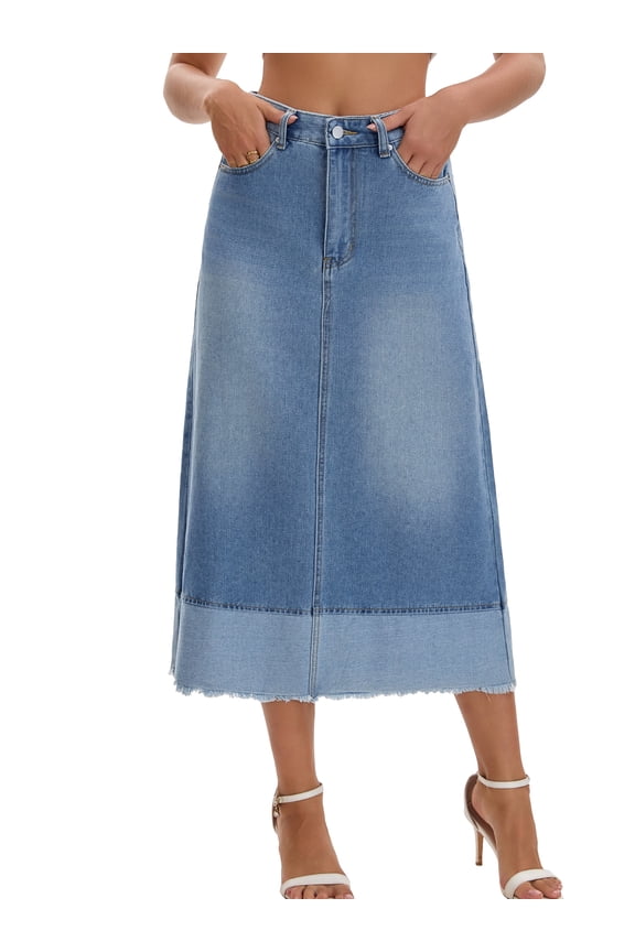 Women's Denim Maxi Contrast Panel A Line Long Jean Skirts Large Light Blue