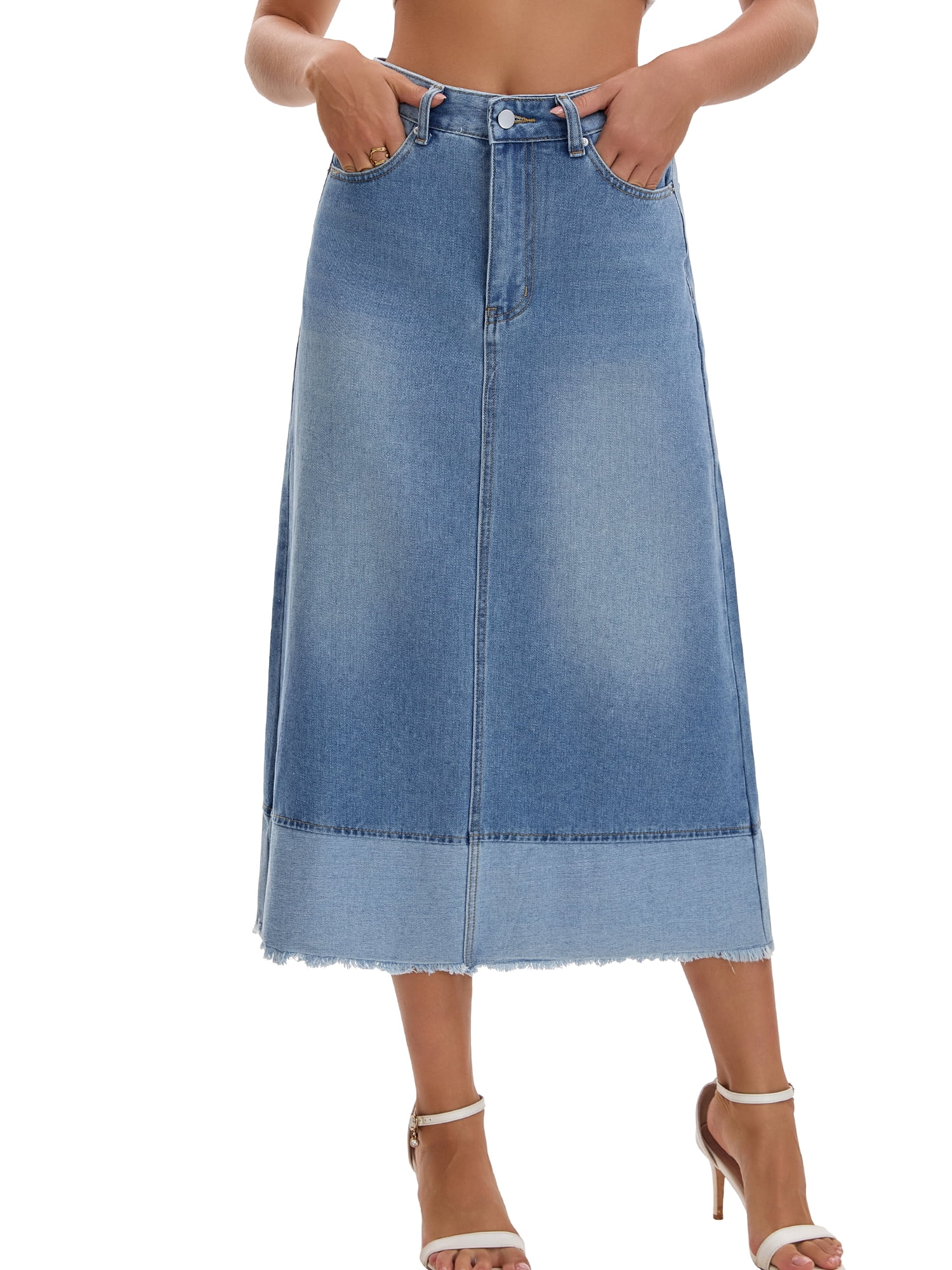 DARING DIVA Women's Denim Maxi Contrast Panel A Line Long Jean Skirts Small Light Blue