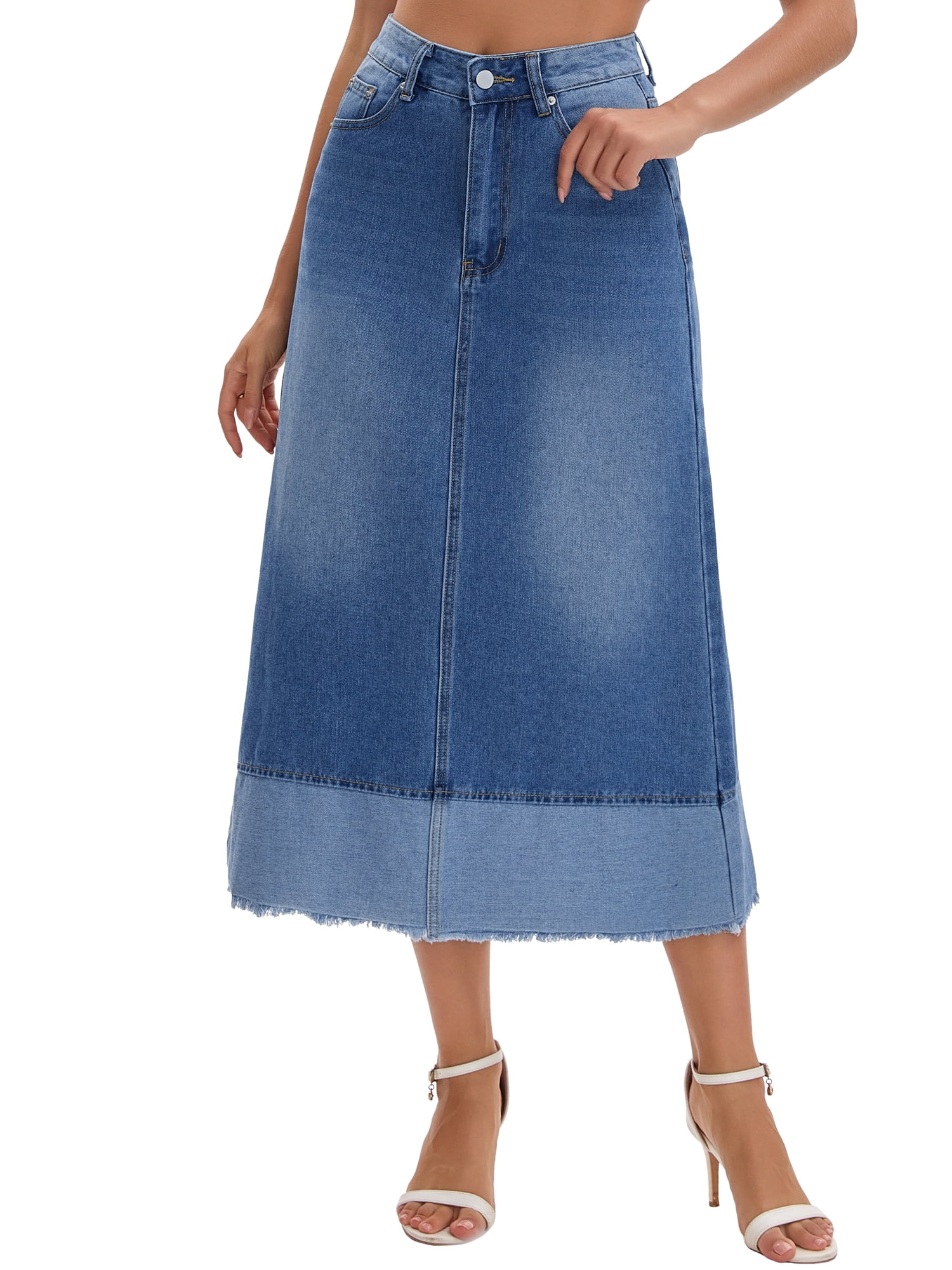 DARING DIVA Women's Denim Maxi Contrast Panel A Line Long Jean Skirts X-Large Blue