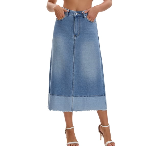 DARING DIVA Women's Denim Maxi Contrast Panel A Line Long Jean Skirts X-Large Light Blue