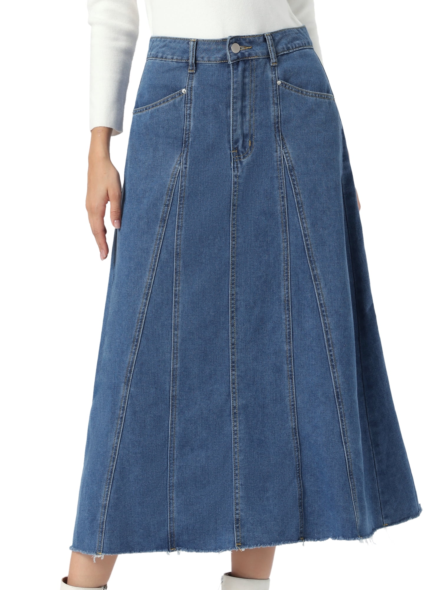 DARING DIVA Women's Denim Maxi Skirt High Waisted Flared Jean Skirts M Blue