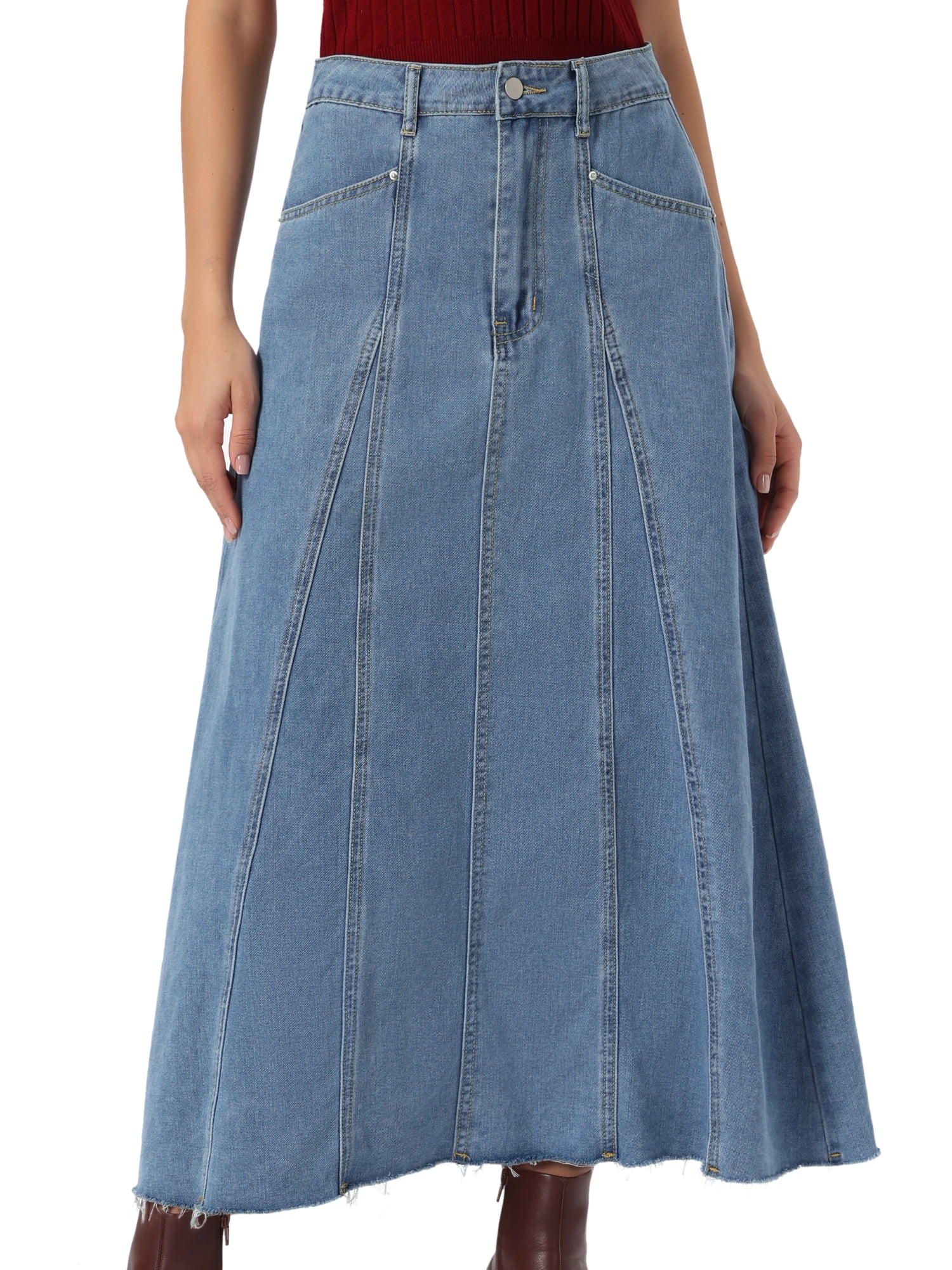 DARING DIVA Women's Denim Maxi Skirt High Waisted Flared Jean Skirts XL Light Blue