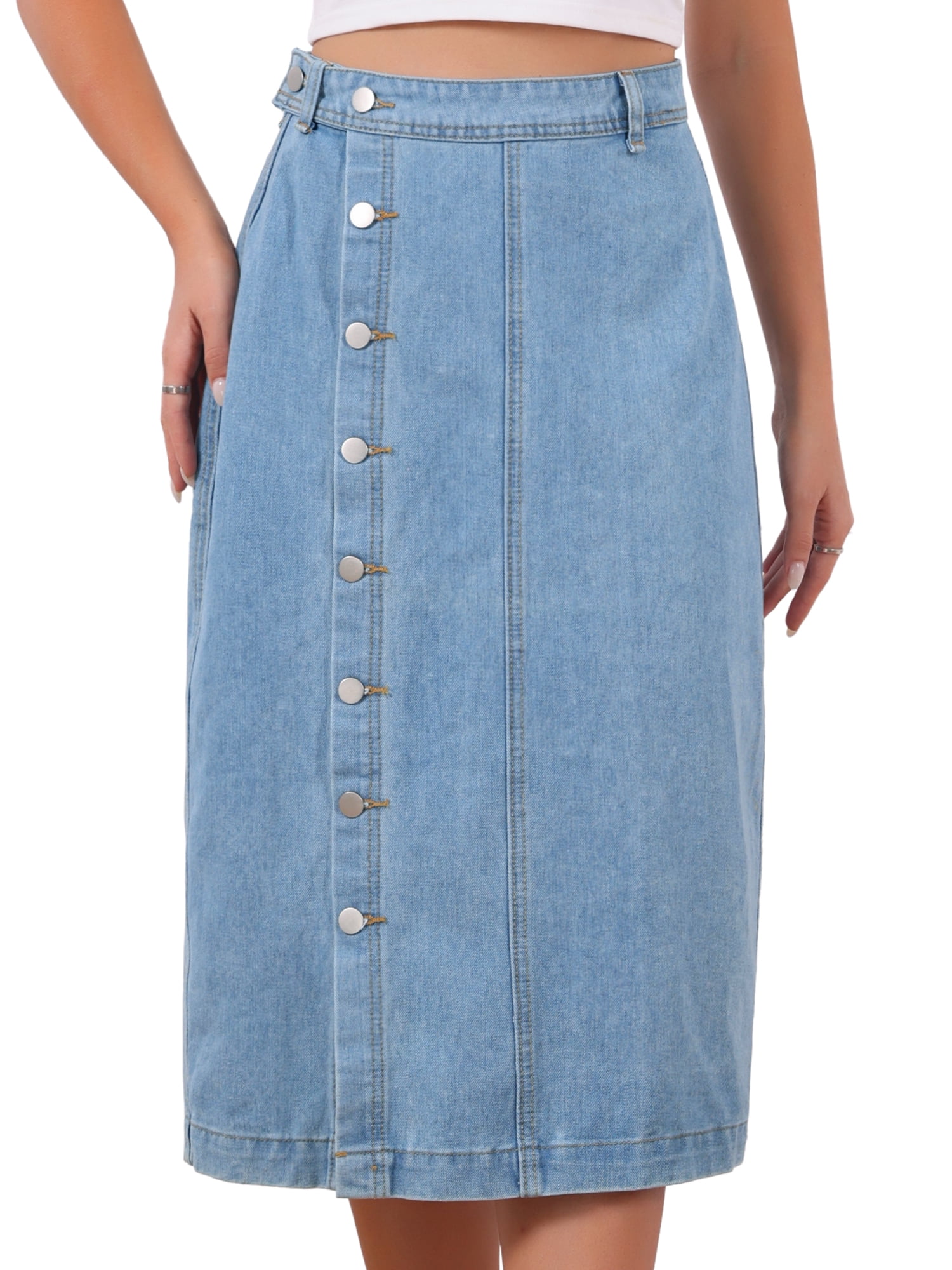 DARING DIVA Women's Denim Midi Skirt Button Up Slit Jean Skirts Large Light Blue