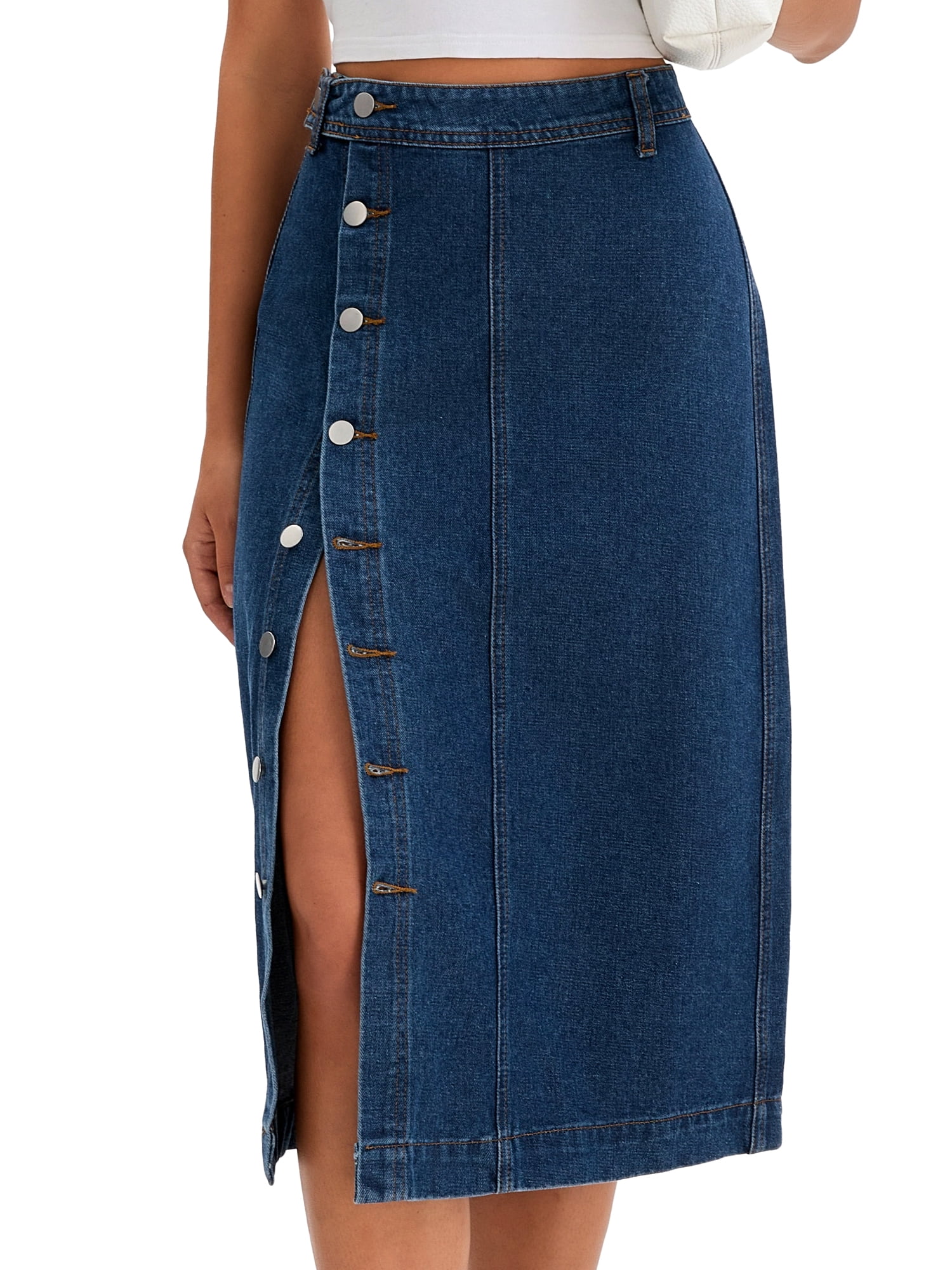 DARING DIVA Women's Denim Midi Skirt Button Up Slit Jean Skirts X-Large Dark Blue