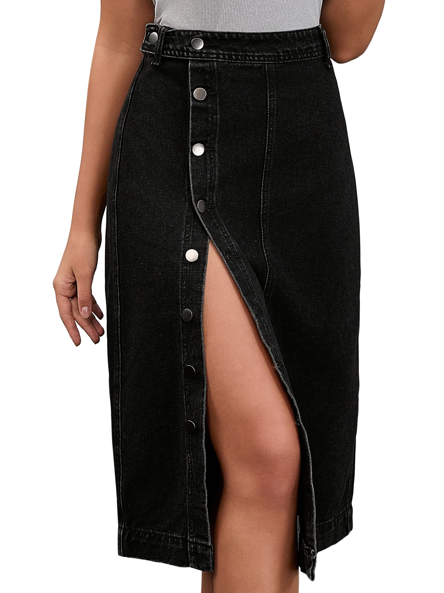DARING DIVA Women's Denim Midi Skirt Button Up Slit Jean Skirts XX-Large Black