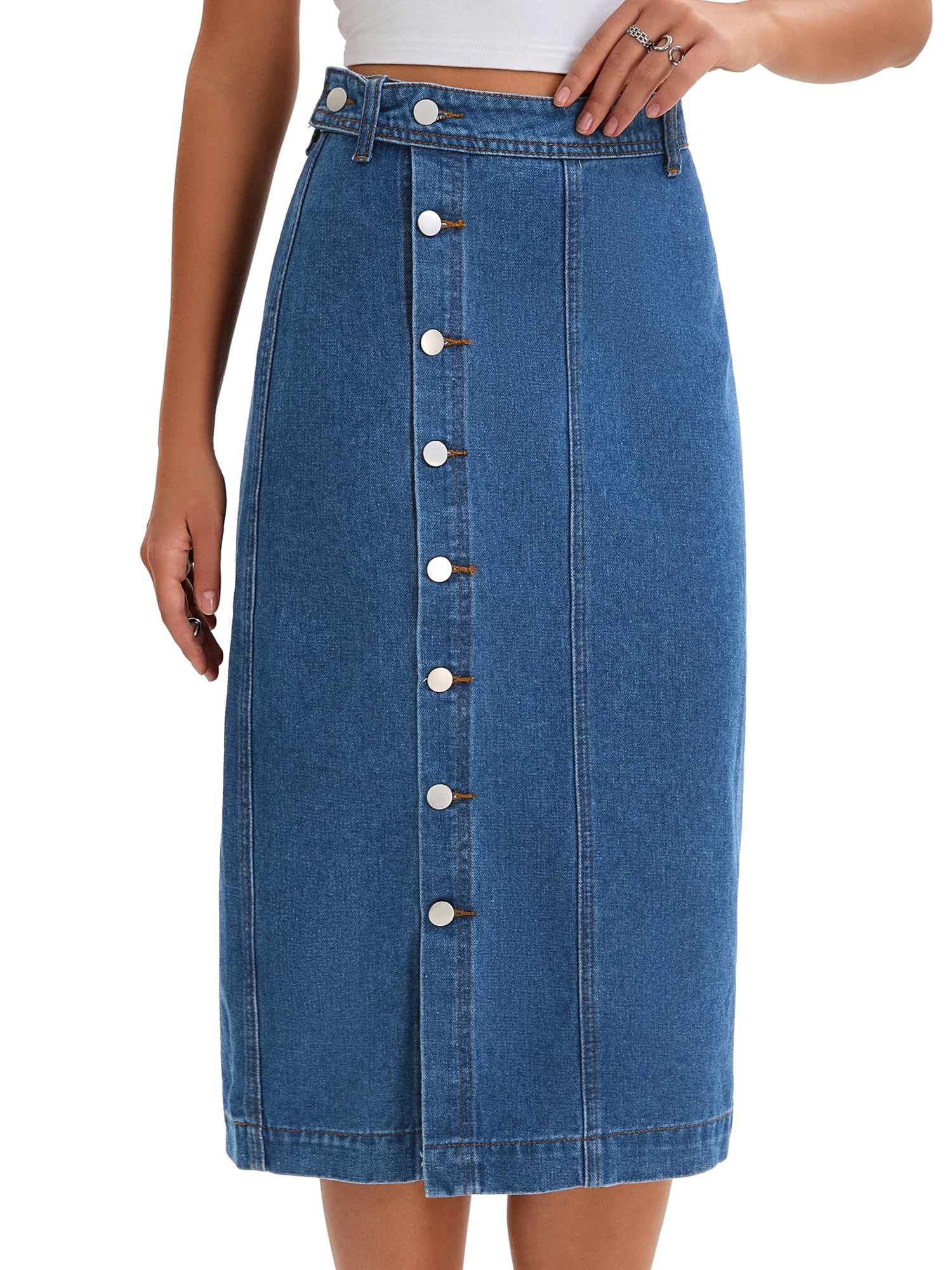 DARING DIVA Women's Denim Midi Skirt Button Up Slit Jean Skirts XX-Large Blue