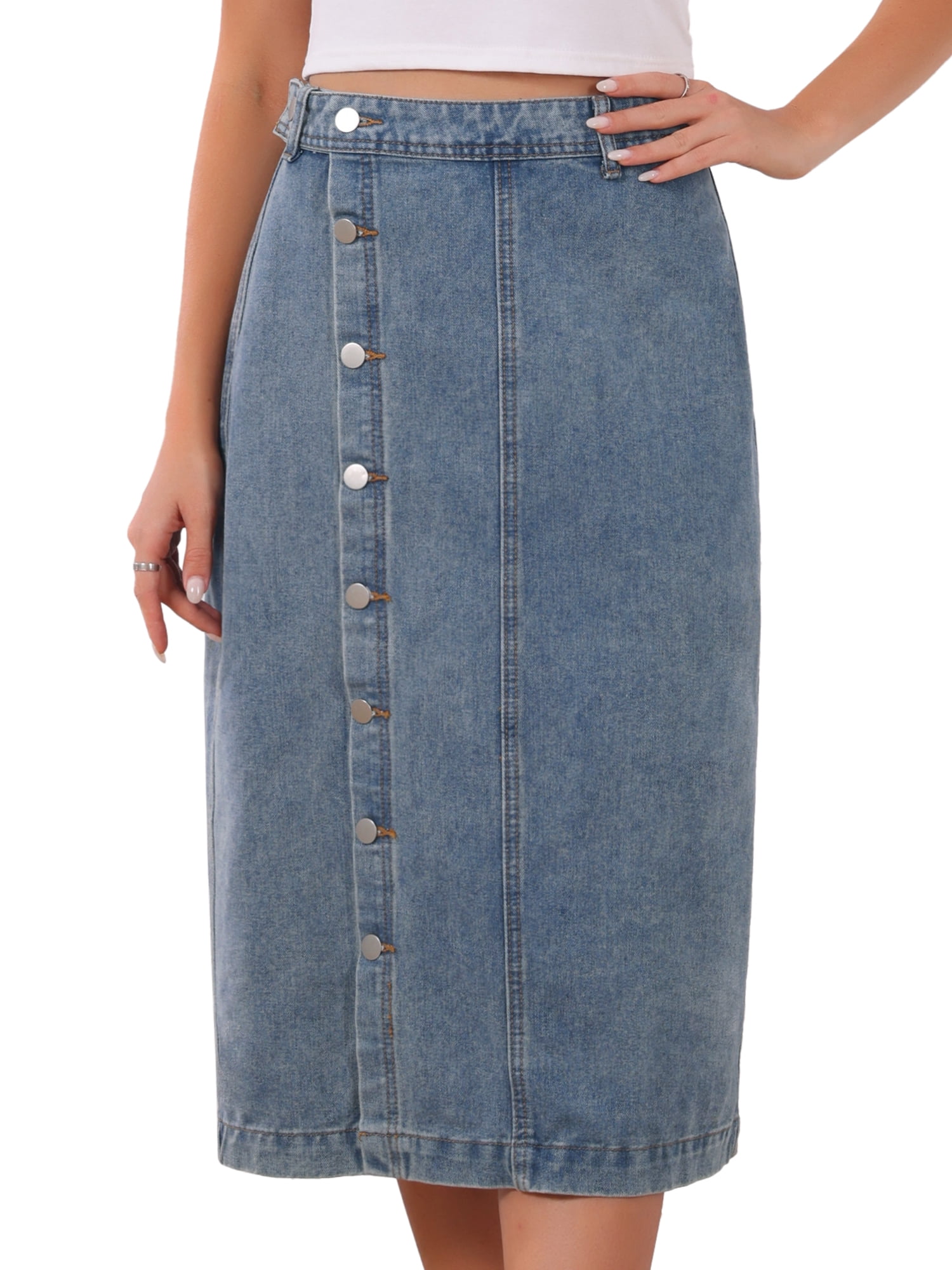 DARING DIVA Women's Denim Midi Skirt Button Up Slit Jean Skirts XX-Large Gray Blue