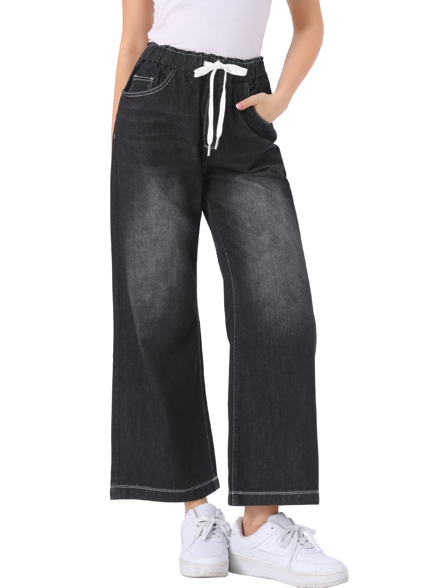 DARING DIVA Women's Trendy Elastic Waist Wide Legs Drawstring Jeans L Black