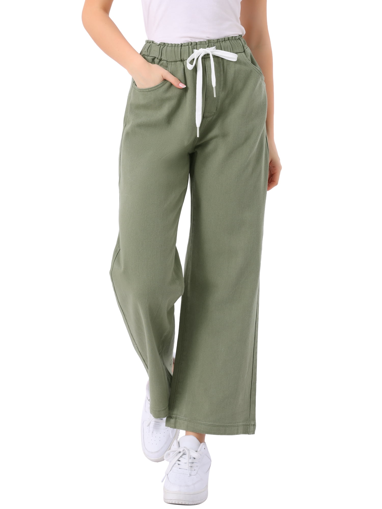 DARING DIVA Women's Trendy Elastic Waist Wide Legs Drawstring Jeans M Army Green