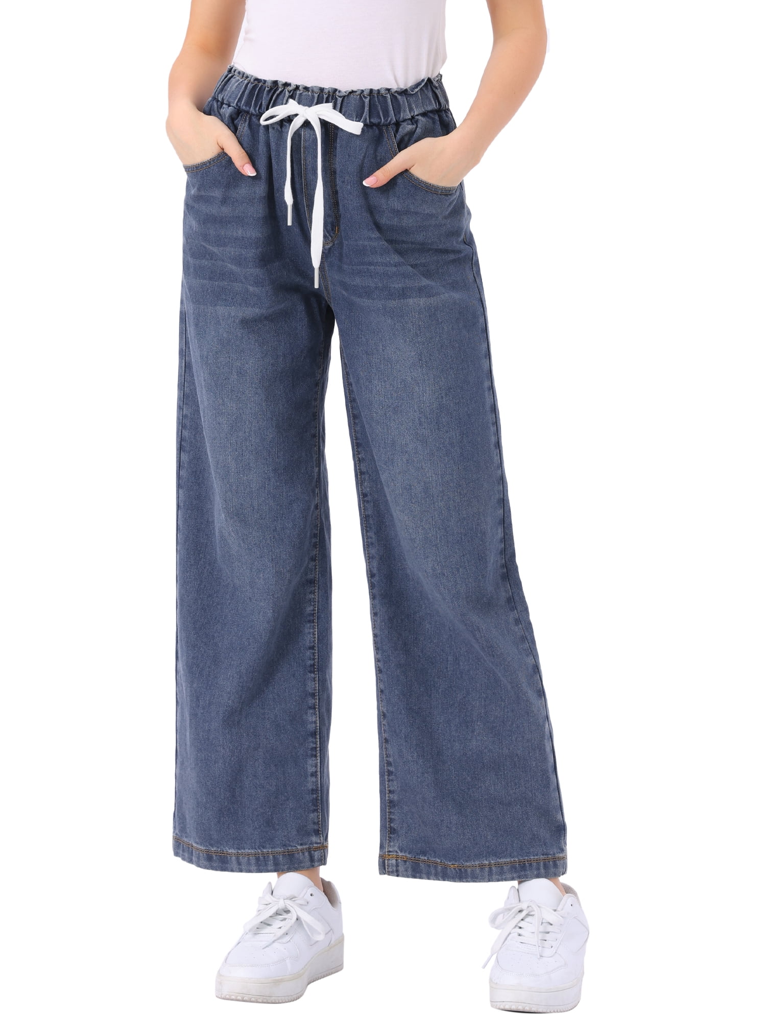 DARING DIVA Women's Trendy Elastic Waist Wide Legs Drawstring Jeans M Grey Blue