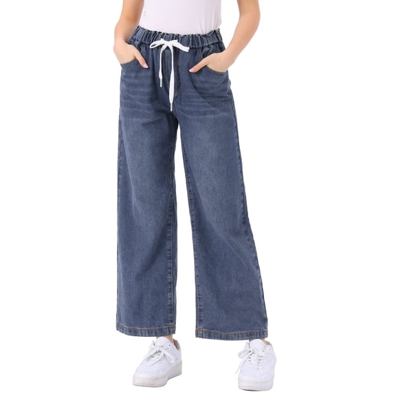 DARING DIVA Women's Trendy Elastic Waist Wide Legs Drawstring Jeans M Grey Blue