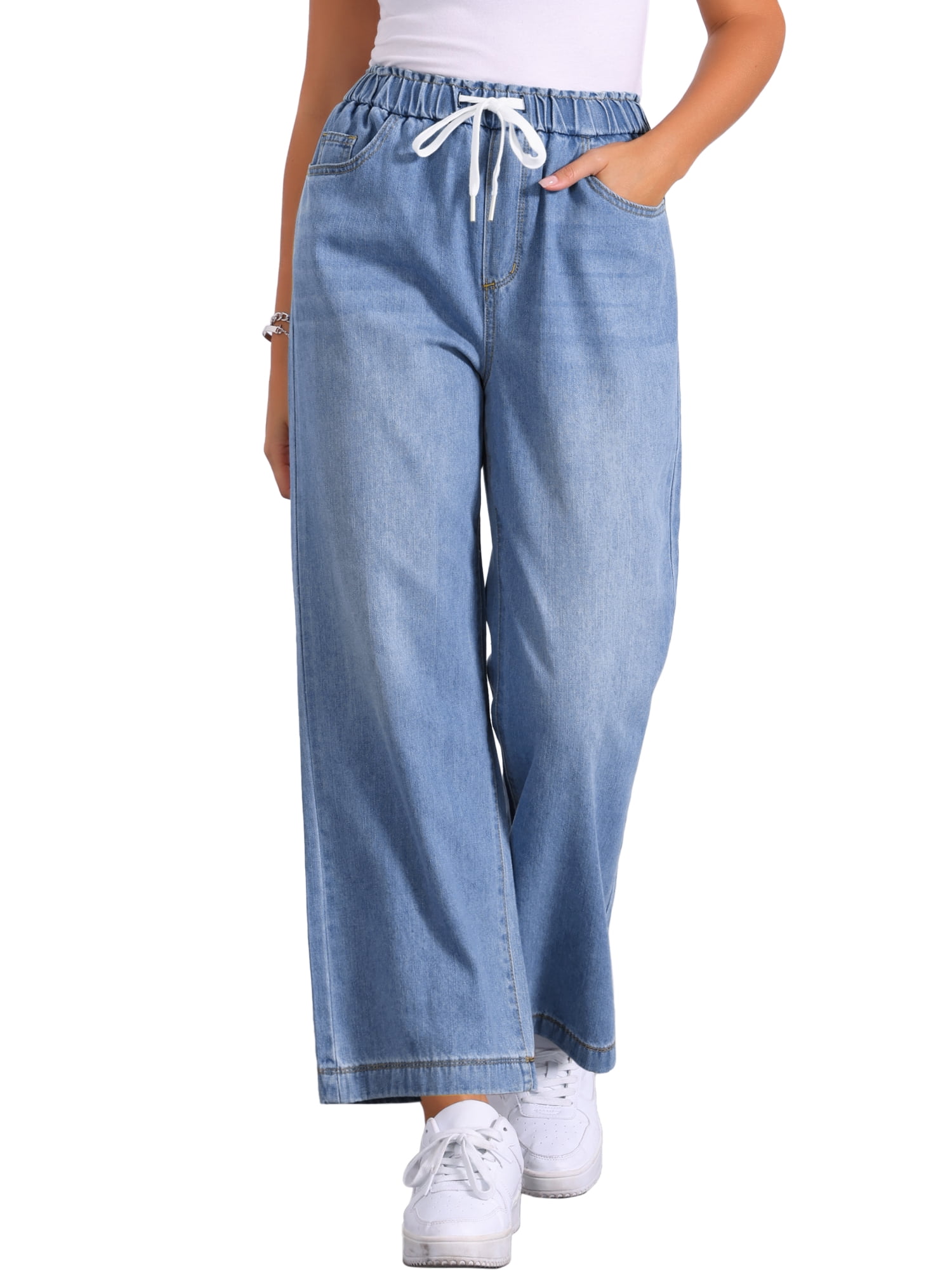 DARING DIVA Women's Trendy Elastic Waist Wide Legs Drawstring Jeans S Light Blue