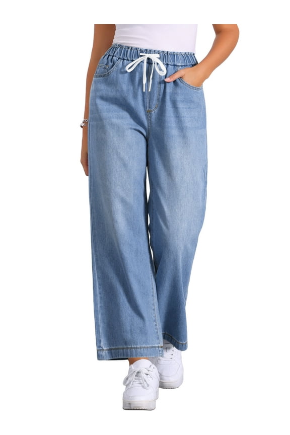 Women's Denim Pants Drawstring Wide Legs Jeans S Light Blue