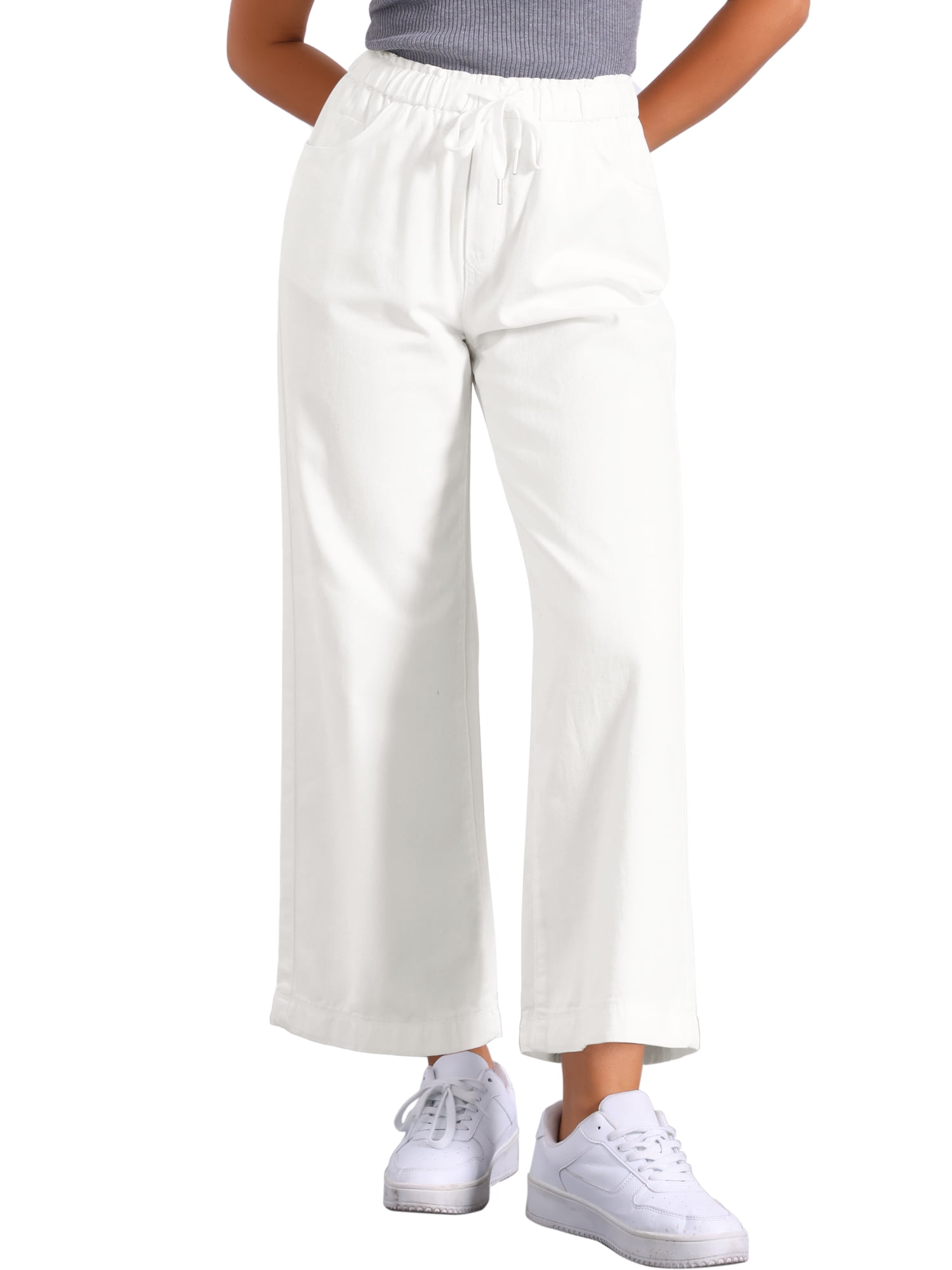 DARING DIVA Women's Trendy Elastic Waist Wide Legs Drawstring Jeans S White