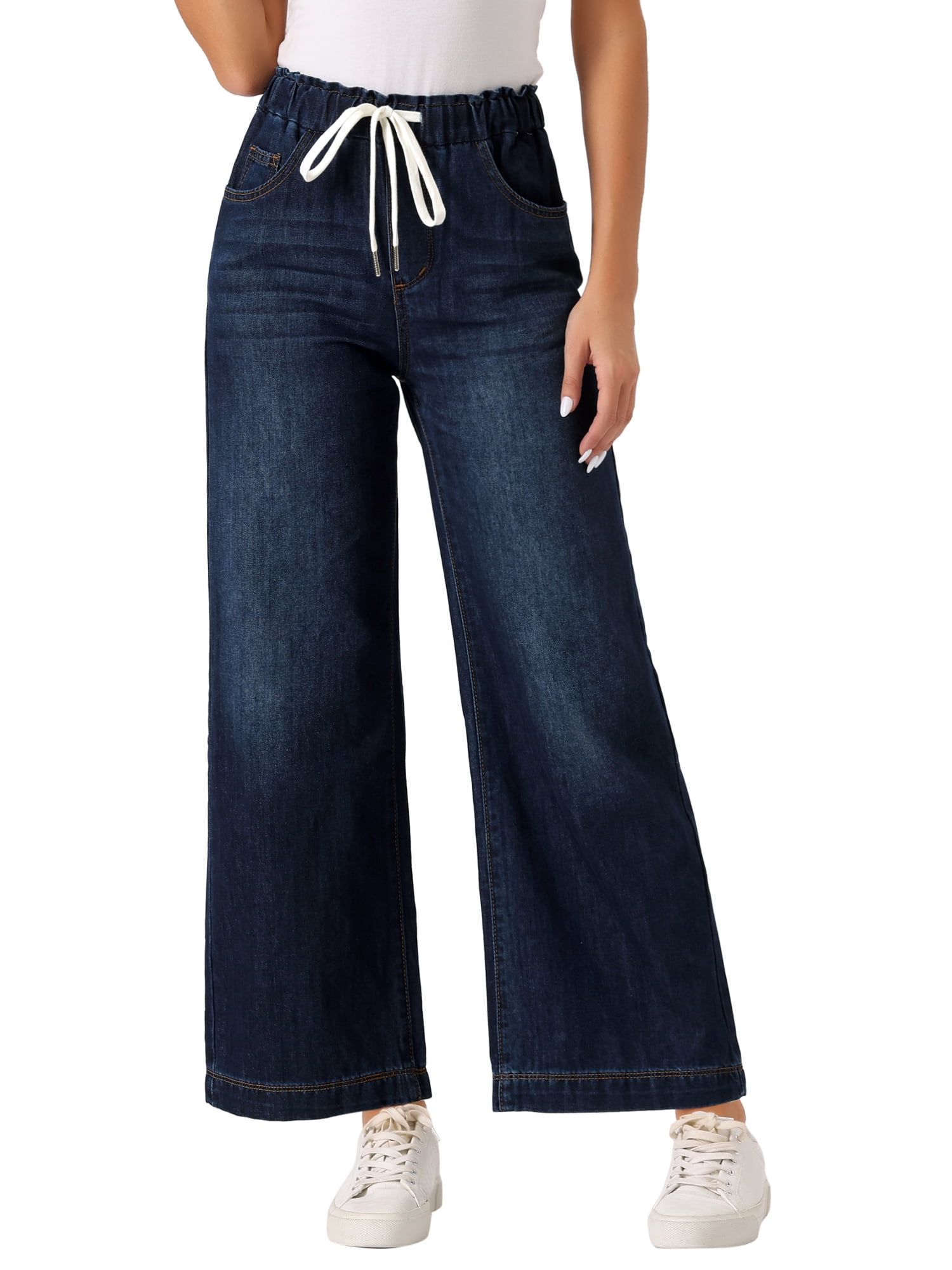 DARING DIVA Women's Trendy Elastic Waist Wide Legs Drawstring Jeans XS Dark Blue